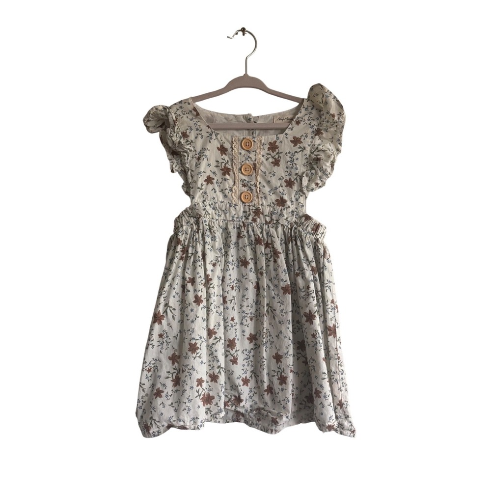 Colorful Childhood Kids Floral Flutter Sleeve Button Back Dress Cream